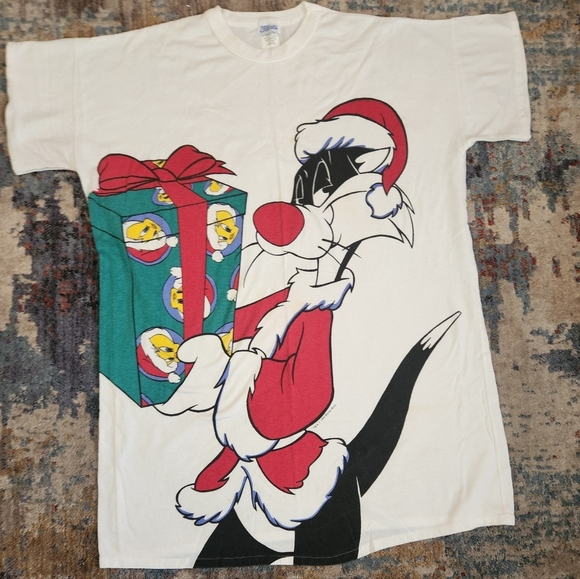 VTG 90s Warner Bros Looney Tunes X-Mas Sylvester & Tweety BIRD GRAPHIC T Shirt - Picture 2 of 9